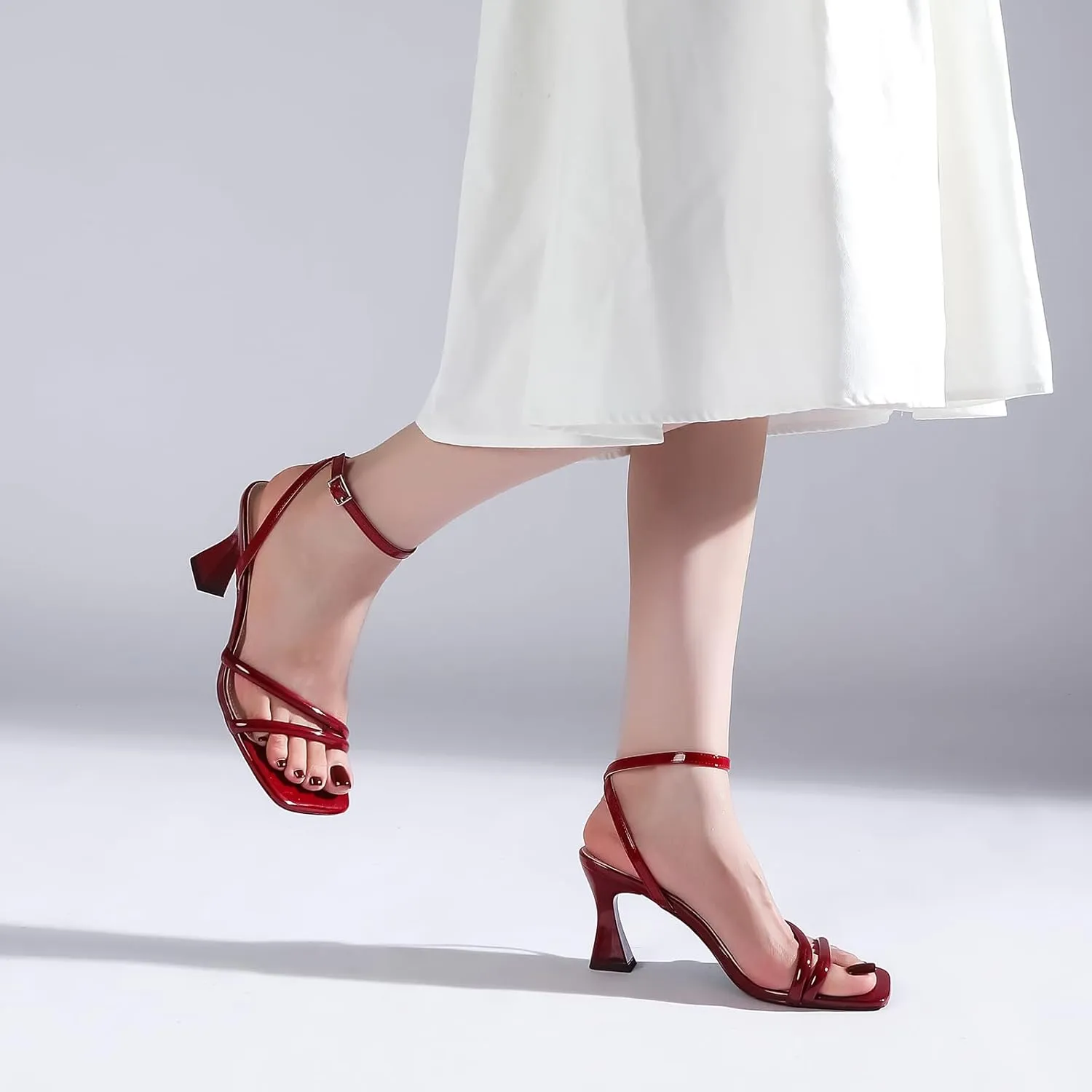 Women's Kitten Strappy Mid heels Square Open Toe Ankle Strap Heeled Sandals
