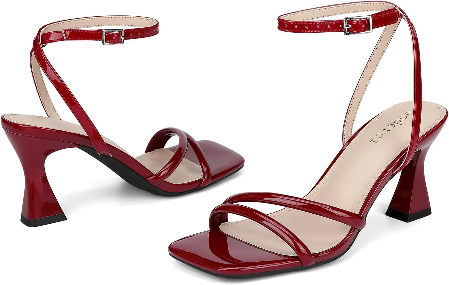 Women's Kitten Strappy Mid heels Square Open Toe Ankle Strap Heeled Sandals