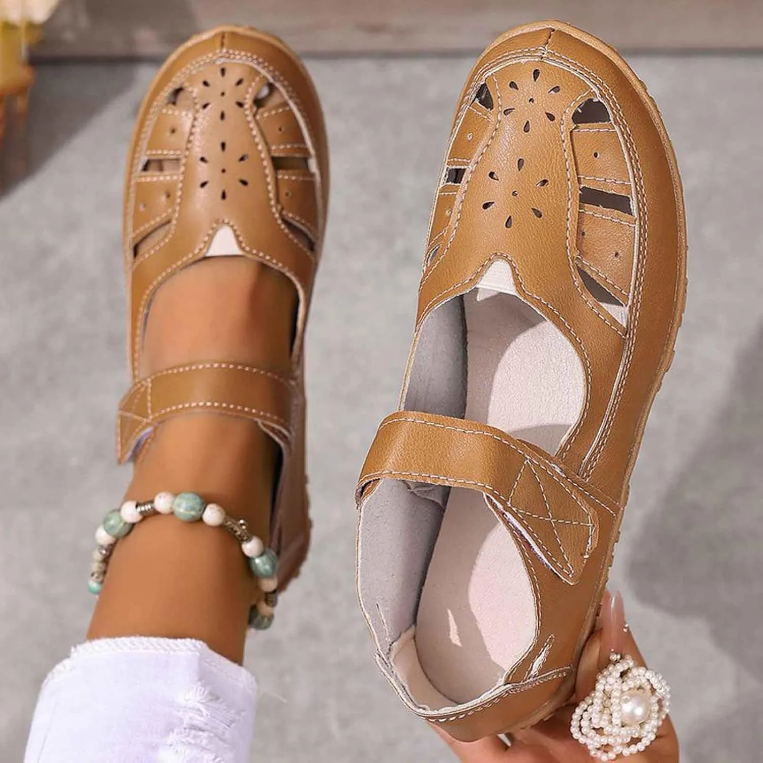 Women's Leather Boho Sandals,Comfort Softsole Closed Toe Adjustable Ankle Strap Casual Hollow Sandals for Women Sew