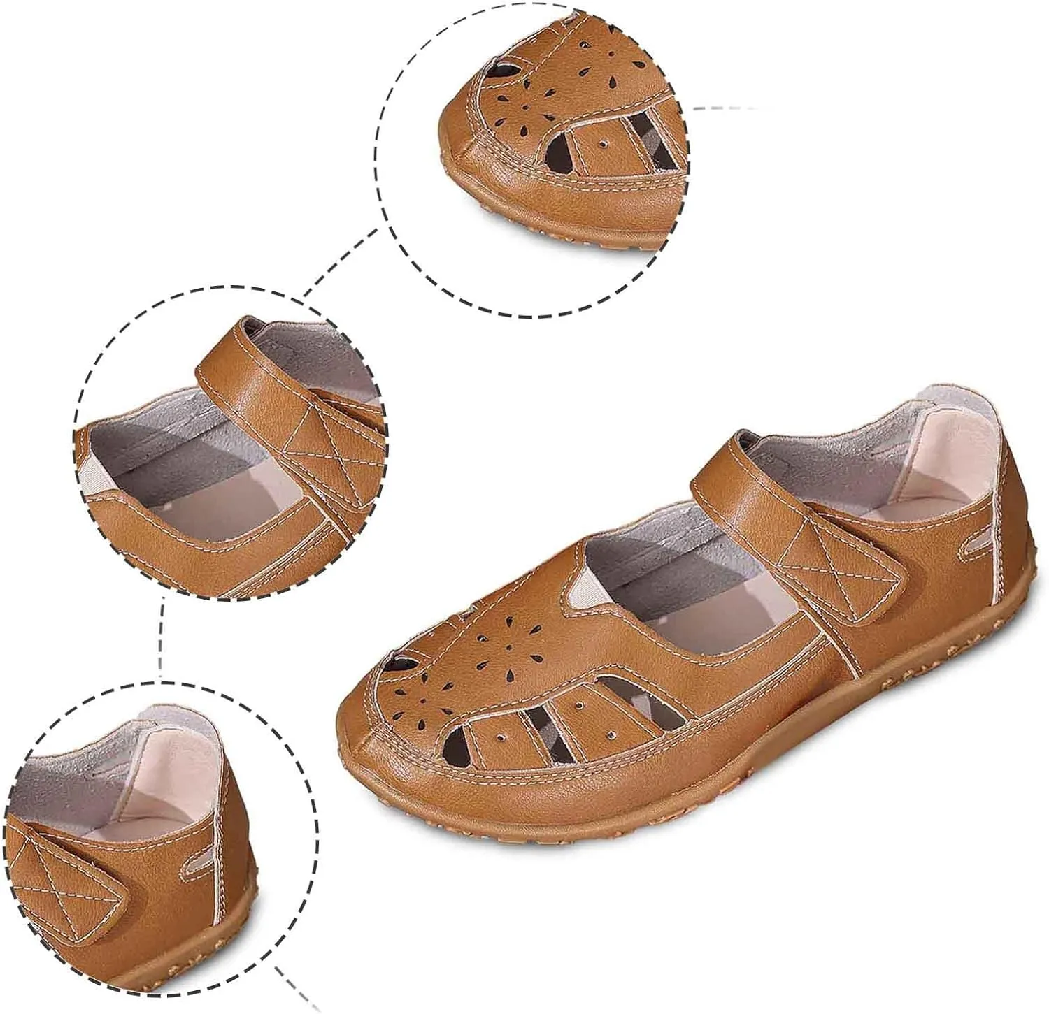 Women's Leather Boho Sandals,Comfort Softsole Closed Toe Adjustable Ankle Strap Casual Hollow Sandals for Women Sew