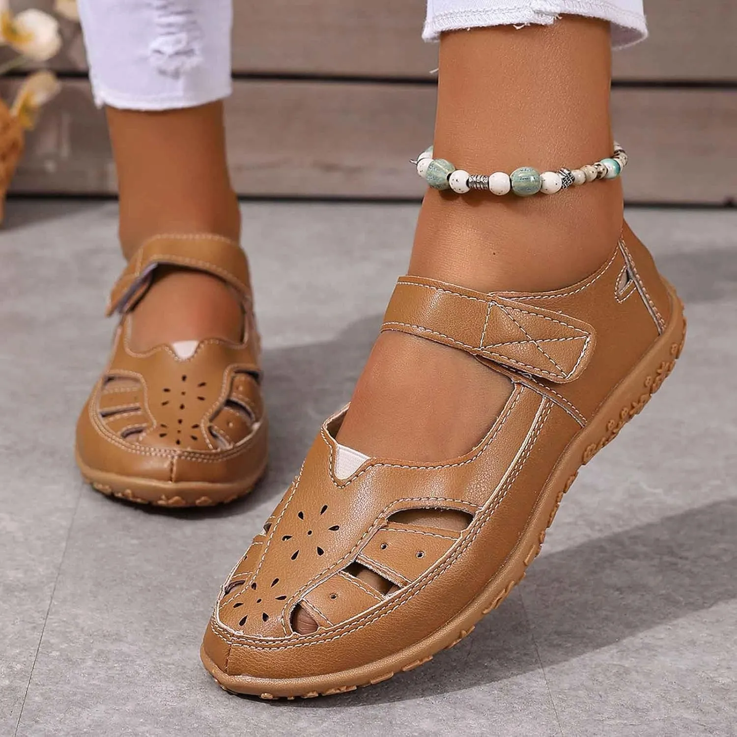 Women's Leather Boho Sandals,Comfort Softsole Closed Toe Adjustable Ankle Strap Casual Hollow Sandals for Women Sew
