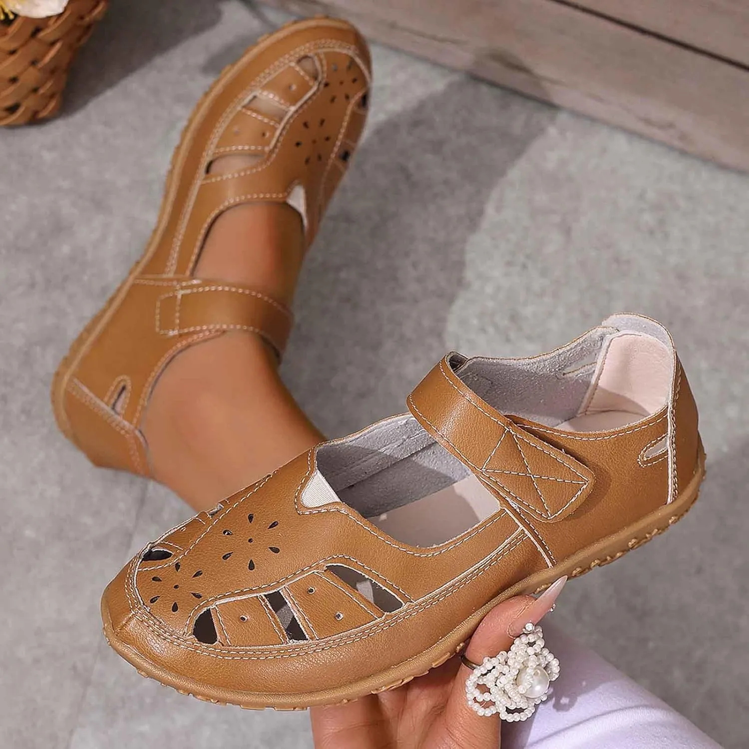 Women's Leather Boho Sandals,Comfort Softsole Closed Toe Adjustable Ankle Strap Casual Hollow Sandals for Women Sew