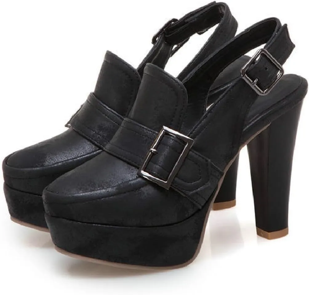 Women's Leather Platform Slingback High Heels Pumps with Adjust Ankle Strap Fashion Comfort Closed Pointed Toe Increase Height Chunky Heel Sandals for Work Office Party Dress Shoes