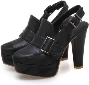 Women's Leather Platform Slingback High Heels Pumps with Adjust Ankle Strap Fashion Comfort Closed Pointed Toe Increase Height Chunky Heel Sandals for Work Office Party Dress Shoes