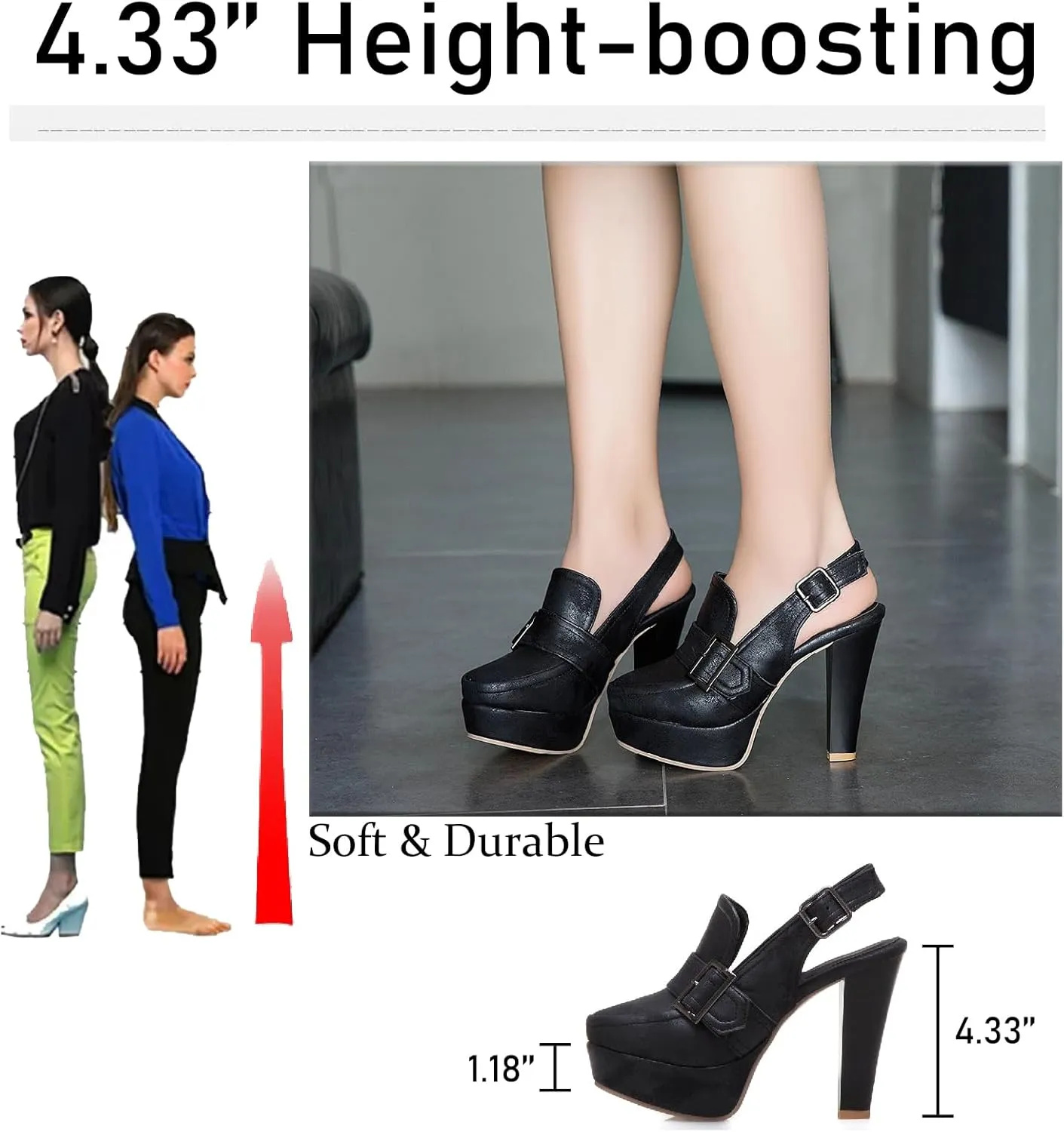 Women's Leather Platform Slingback High Heels Pumps with Adjust Ankle Strap Fashion Comfort Closed Pointed Toe Increase Height Chunky Heel Sandals for Work Office Party Dress Shoes