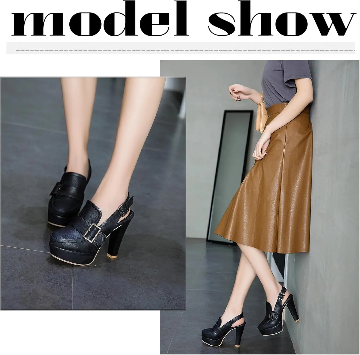 Women's Leather Platform Slingback High Heels Pumps with Adjust Ankle Strap Fashion Comfort Closed Pointed Toe Increase Height Chunky Heel Sandals for Work Office Party Dress Shoes