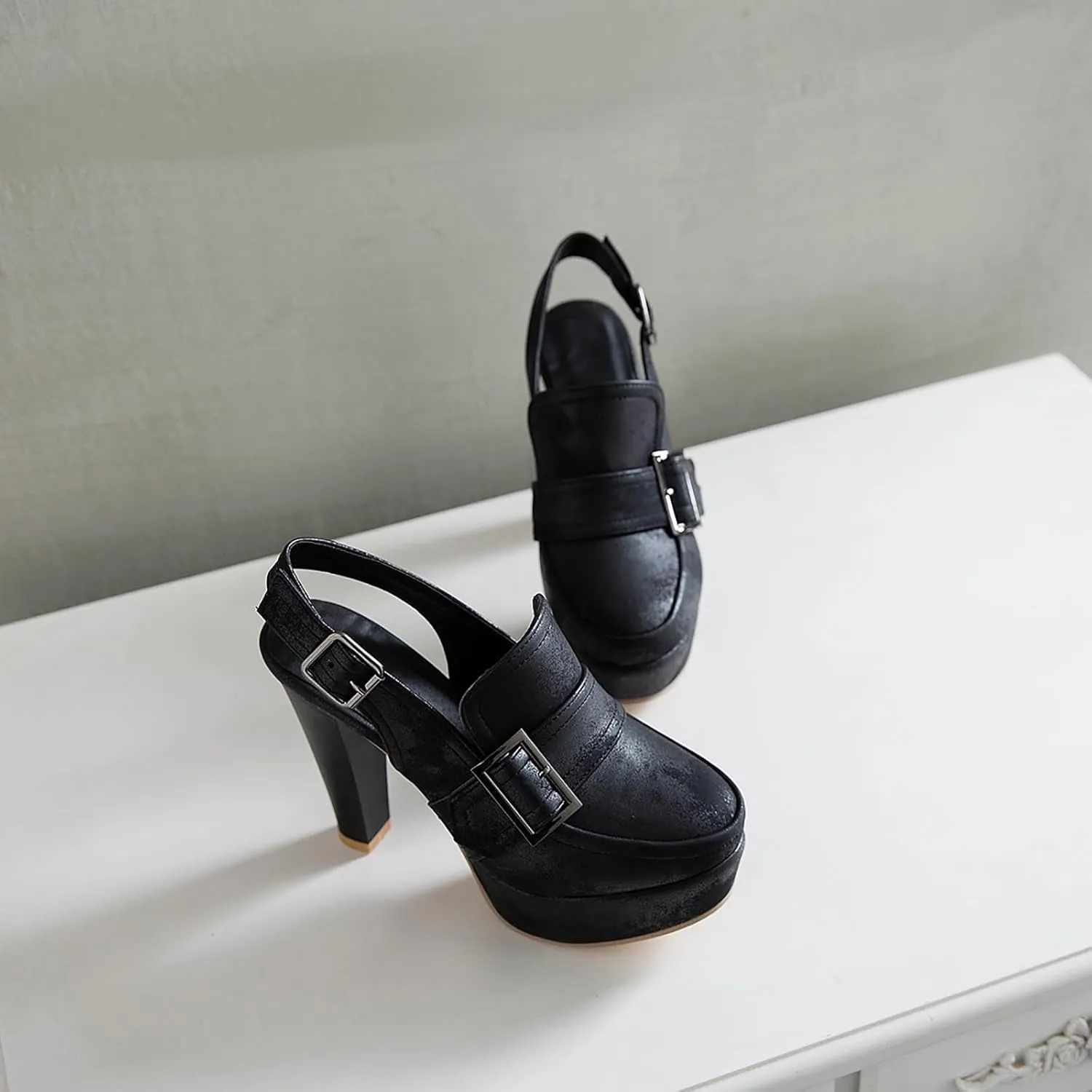 Women's Leather Platform Slingback High Heels Pumps with Adjust Ankle Strap Fashion Comfort Closed Pointed Toe Increase Height Chunky Heel Sandals for Work Office Party Dress Shoes