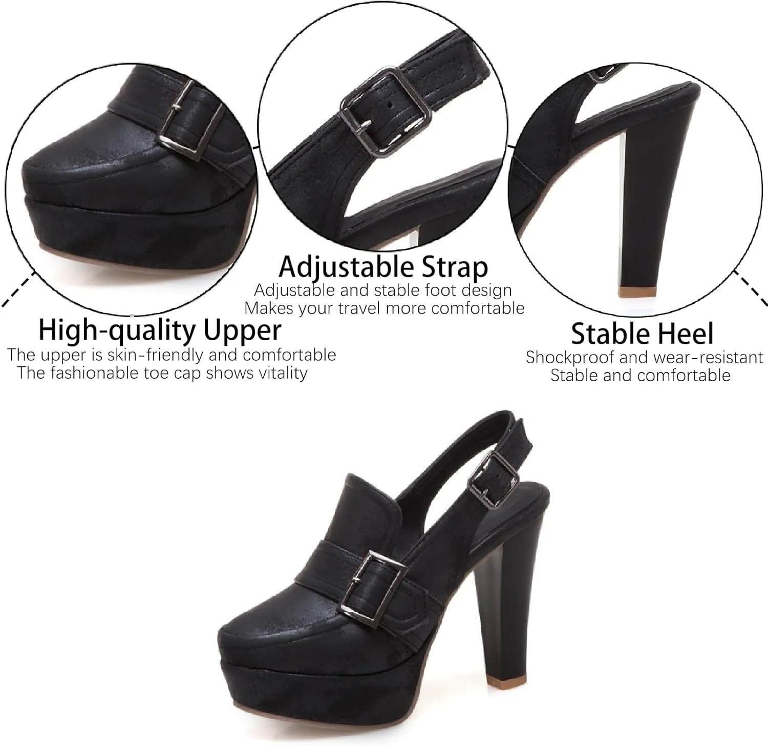 Women's Leather Platform Slingback High Heels Pumps with Adjust Ankle Strap Fashion Comfort Closed Pointed Toe Increase Height Chunky Heel Sandals for Work Office Party Dress Shoes
