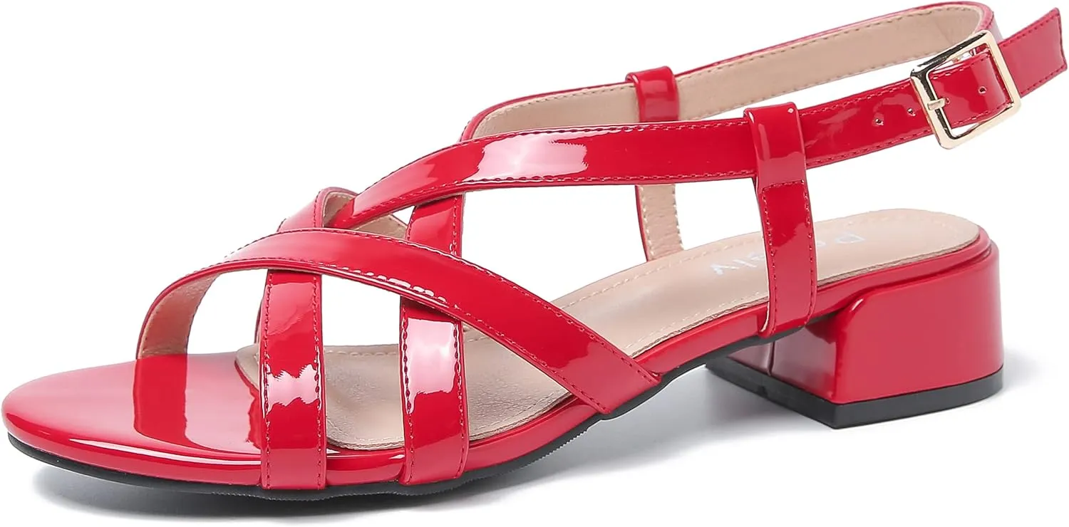 Women's Open Toe Cross Straps Low Block Chunky Heels Slingback Sandals Party Dress Summer Shoes