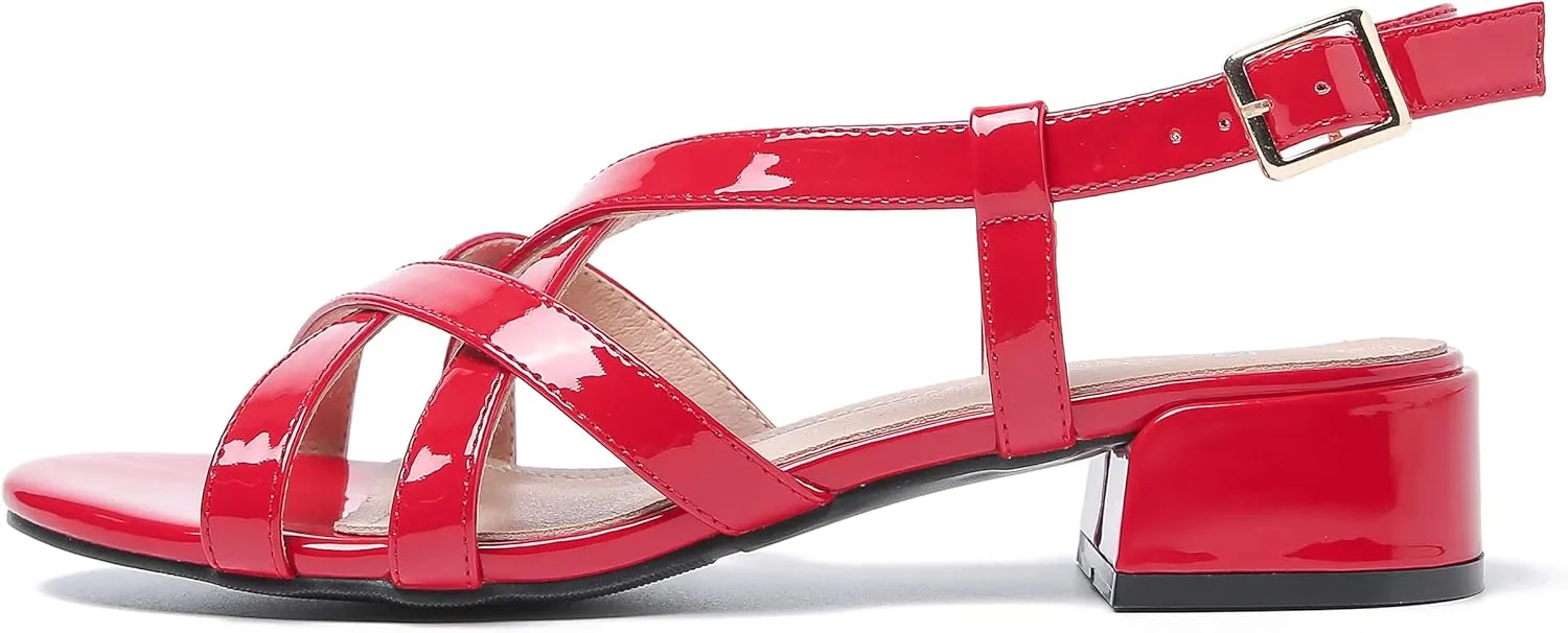 Women's Open Toe Cross Straps Low Block Chunky Heels Slingback Sandals Party Dress Summer Shoes