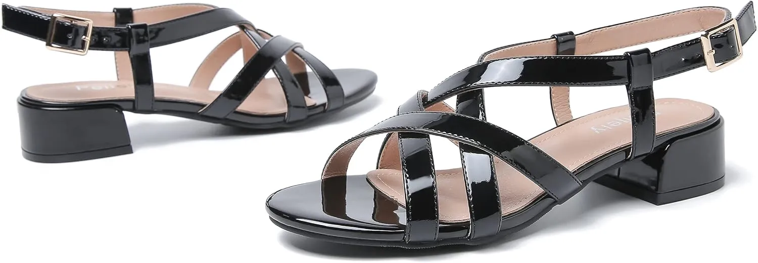 Women's Open Toe Cross Straps Low Block Chunky Heels Slingback Sandals Party Dress Summer Shoes
