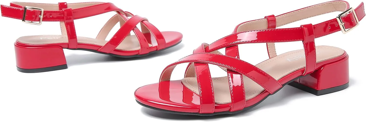 Women's Open Toe Cross Straps Low Block Chunky Heels Slingback Sandals Party Dress Summer Shoes