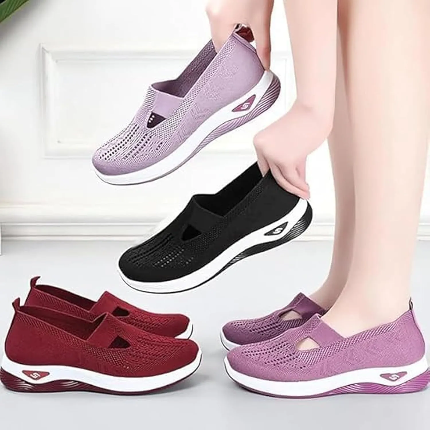 Womens Orthopedic Sneakers Slip on Walking Shoes Breathable Soft Woven Non-Slip Shoe Mesh-Comfortable Lightweight Footwear Arch Support