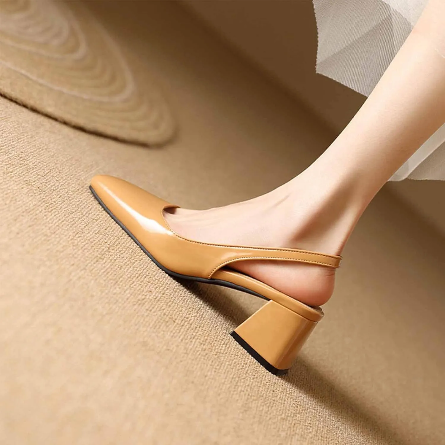 Women's Patent Leather Chunky Heels Slingback Pumps Fashion Closed Square Toe Elastic Buckle Block Heel Sandals Slip On Party Dress Work Shoes