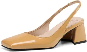 Women's Patent Leather Chunky Heels Slingback Pumps Fashion Closed Square Toe Elastic Buckle Block Heel Sandals Slip On Party Dress Work Shoes