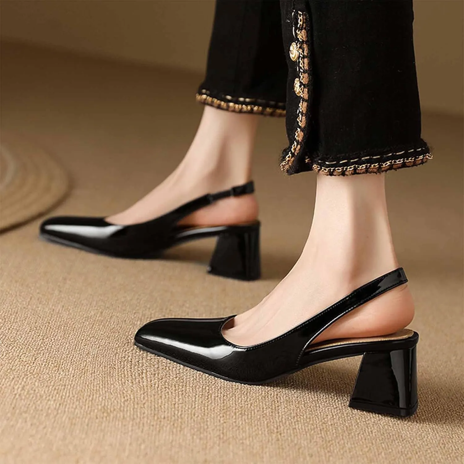 Women's Patent Leather Chunky Heels Slingback Pumps Fashion Closed Square Toe Elastic Buckle Block Heel Sandals Slip On Party Dress Work Shoes