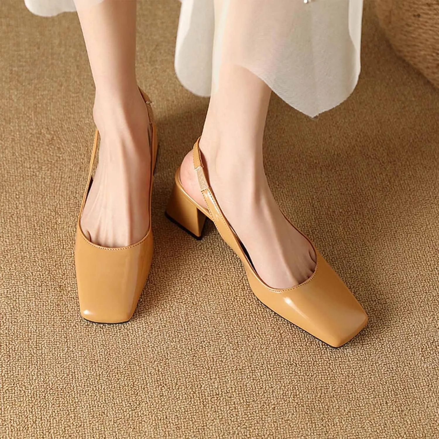 Women's Patent Leather Chunky Heels Slingback Pumps Fashion Closed Square Toe Elastic Buckle Block Heel Sandals Slip On Party Dress Work Shoes