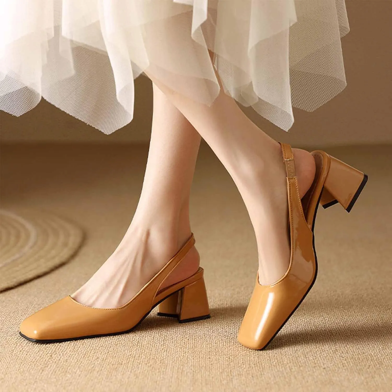 Women's Patent Leather Chunky Heels Slingback Pumps Fashion Closed Square Toe Elastic Buckle Block Heel Sandals Slip On Party Dress Work Shoes