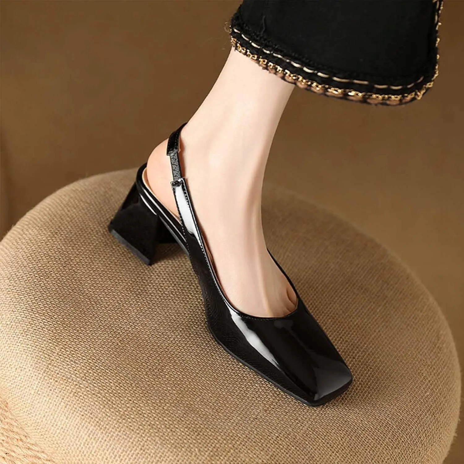 Women's Patent Leather Chunky Heels Slingback Pumps Fashion Closed Square Toe Elastic Buckle Block Heel Sandals Slip On Party Dress Work Shoes