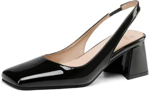 Women's Patent Leather Chunky Heels Slingback Pumps Fashion Closed Square Toe Elastic Buckle Block Heel Sandals Slip On Party Dress Work Shoes
