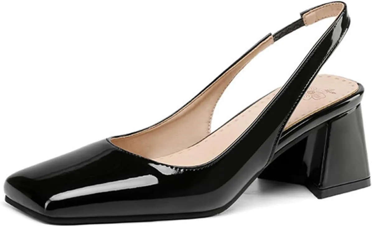 Women's Patent Leather Chunky Heels Slingback Pumps Fashion Closed Square Toe Elastic Buckle Block Heel Sandals Slip On Party Dress Work Shoes