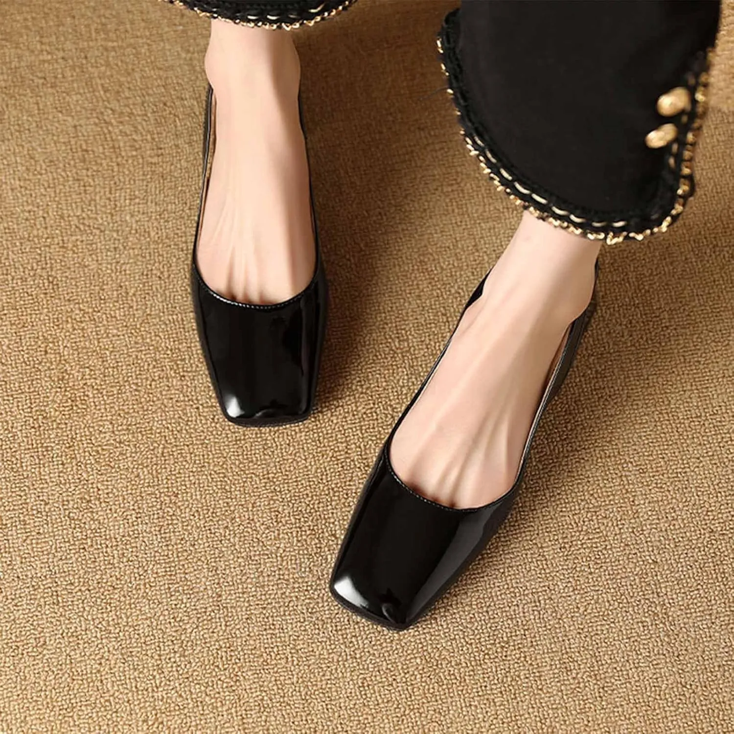 Women's Patent Leather Chunky Heels Slingback Pumps Fashion Closed Square Toe Elastic Buckle Block Heel Sandals Slip On Party Dress Work Shoes