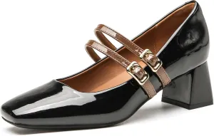 Women's Patent Leather Double Strap Chunky Heel Mary Jane Shoes Classic Square Toe Buckle Strap Shallow Mouth Dress Pumps for Wedding Party Work