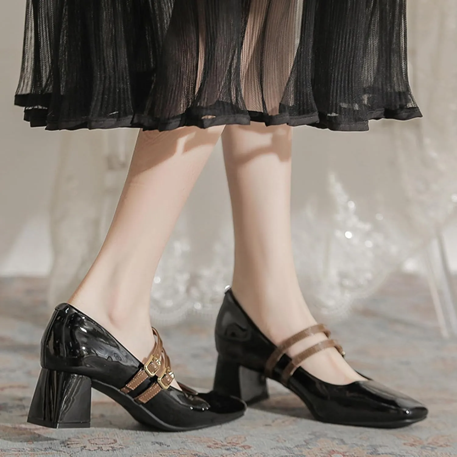 Women's Patent Leather Double Strap Chunky Heel Mary Jane Shoes Classic Square Toe Buckle Strap Shallow Mouth Dress Pumps for Wedding Party Work