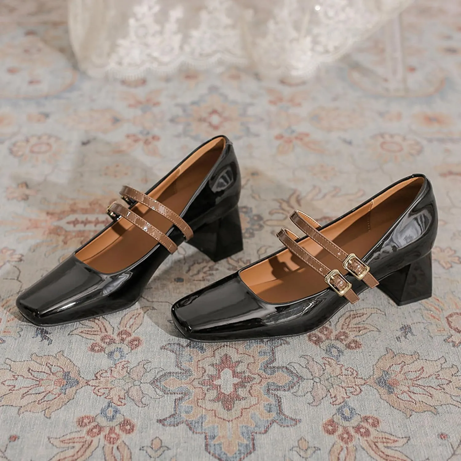 Women's Patent Leather Double Strap Chunky Heel Mary Jane Shoes Classic Square Toe Buckle Strap Shallow Mouth Dress Pumps for Wedding Party Work
