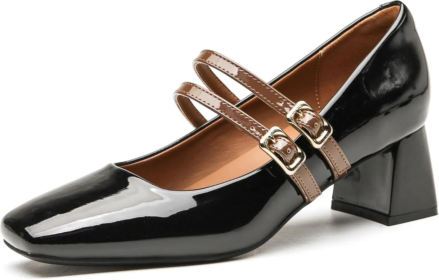 Women's Patent Leather Double Strap Chunky Heel Mary Jane Shoes Classic Square Toe Buckle Strap Shallow Mouth Dress Pumps for Wedding Party Work