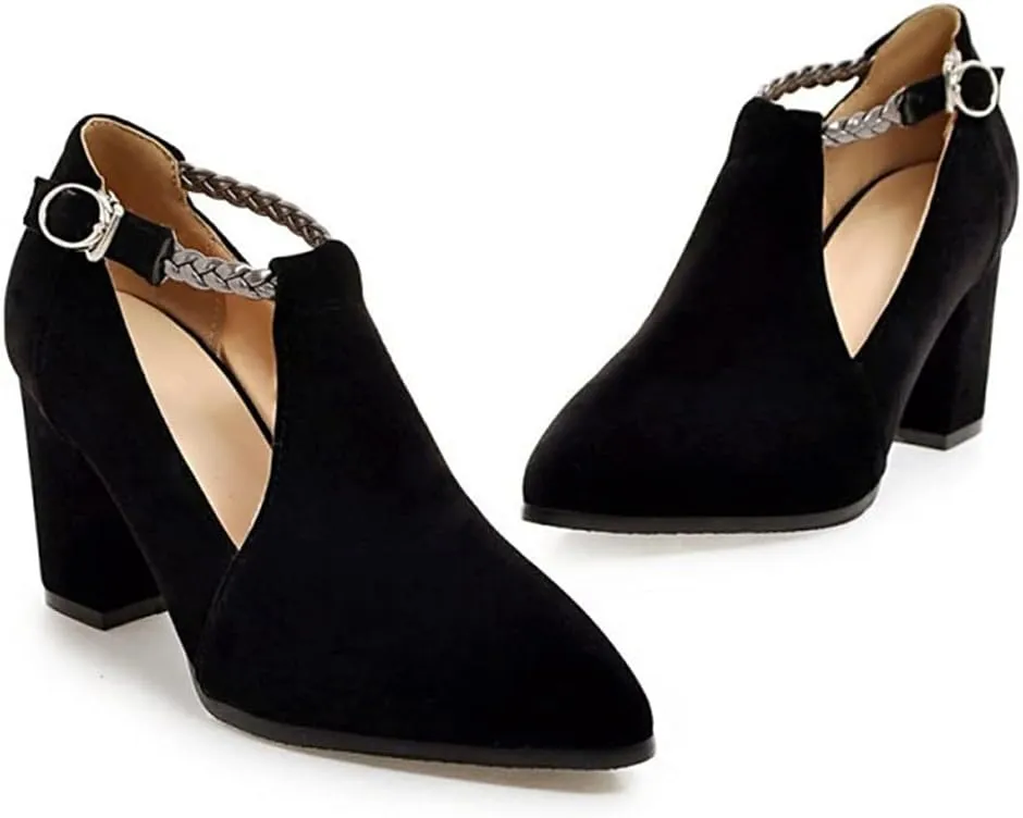 Women's Pointed Toe Chunky High Block Heel Pumps Suede T-Strap Mary Jane Comfort Office Dress Shoes
