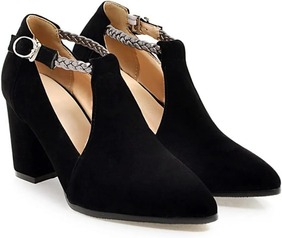 Women's Pointed Toe Chunky High Block Heel Pumps Suede T-Strap Mary Jane Comfort Office Dress Shoes