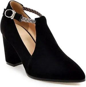 Women's Pointed Toe Chunky High Block Heel Pumps Suede T-Strap Mary Jane Comfort Office Dress Shoes
