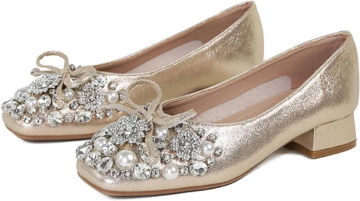 Women's Rhinestone Pearl Bowknot Chunky Heel Pumps,Square Toe Comfort Slip on Walking Dress Shoes Classic Office Wedding Party Shoes