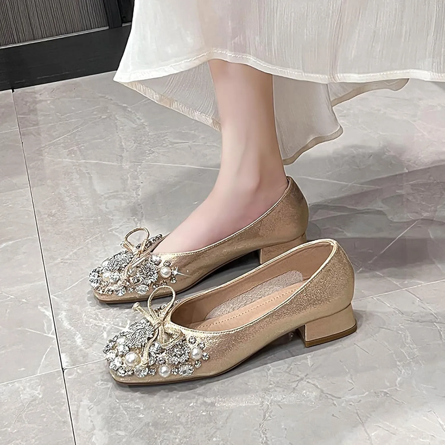 Women's Rhinestone Pearl Bowknot Chunky Heel Pumps,Square Toe Comfort Slip on Walking Dress Shoes Classic Office Wedding Party Shoes