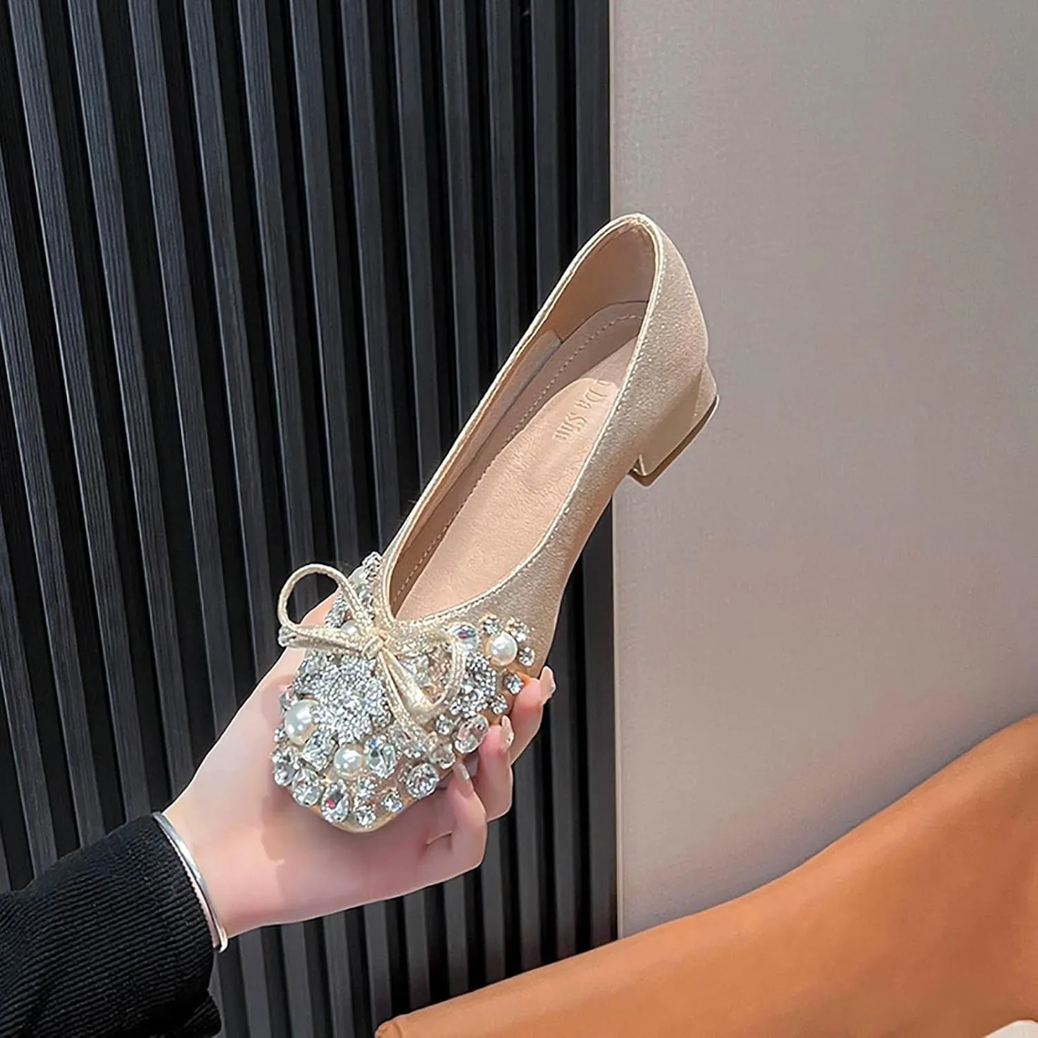 Women's Rhinestone Pearl Bowknot Chunky Heel Pumps,Square Toe Comfort Slip on Walking Dress Shoes Classic Office Wedding Party Shoes