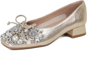 Women's Rhinestone Pearl Bowknot Chunky Heel Pumps,Square Toe Comfort Slip on Walking Dress Shoes Classic Office Wedding Party Shoes