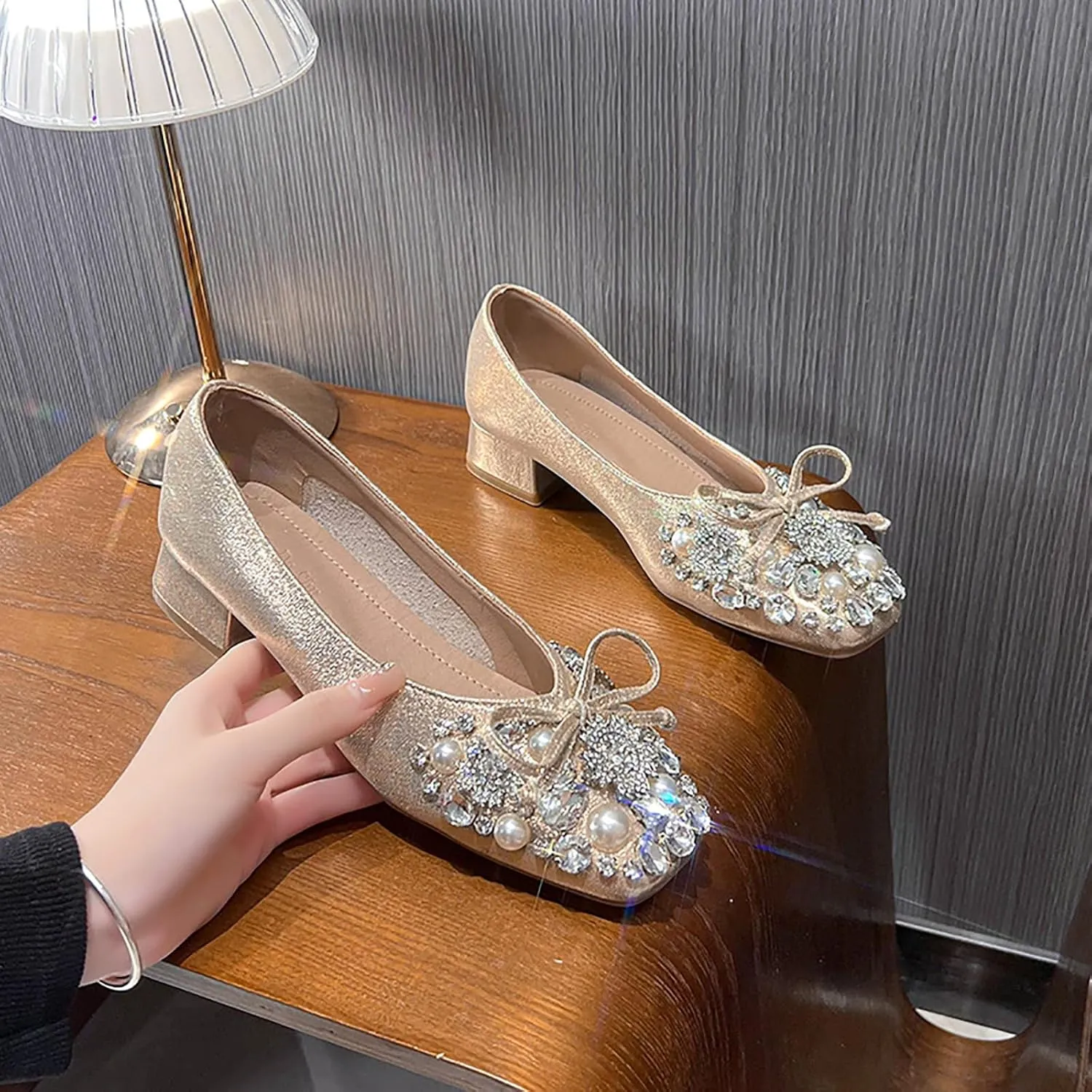 Women's Rhinestone Pearl Bowknot Chunky Heel Pumps,Square Toe Comfort Slip on Walking Dress Shoes Classic Office Wedding Party Shoes
