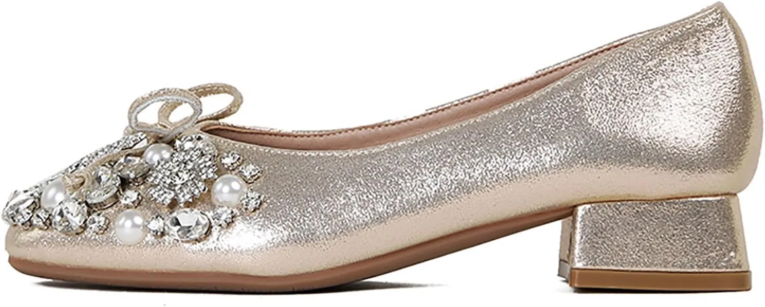 Women's Rhinestone Pearl Bowknot Chunky Heel Pumps,Square Toe Comfort Slip on Walking Dress Shoes Classic Office Wedding Party Shoes