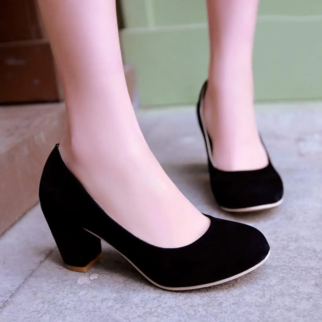 Women's Round Toe Chunky Block Mid Heel Pumps Suede Slip-On Casual Comfort Work Office Dress Shoes