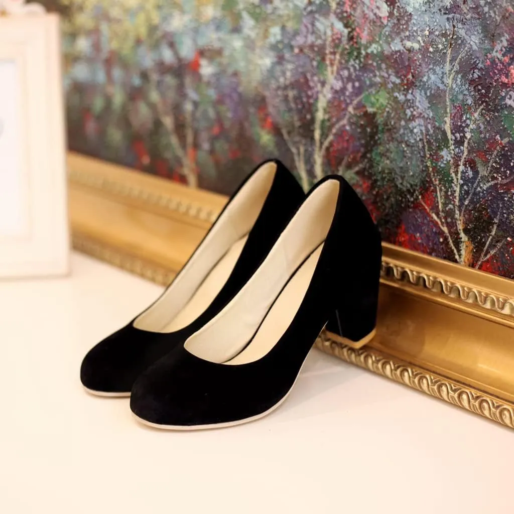 Women's Round Toe Chunky Block Mid Heel Pumps Suede Slip-On Casual Comfort Work Office Dress Shoes