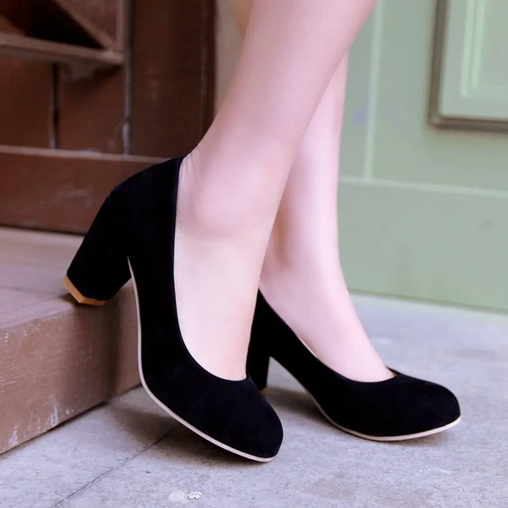 Women's Round Toe Chunky Block Mid Heel Pumps Suede Slip-On Casual Comfort Work Office Dress Shoes