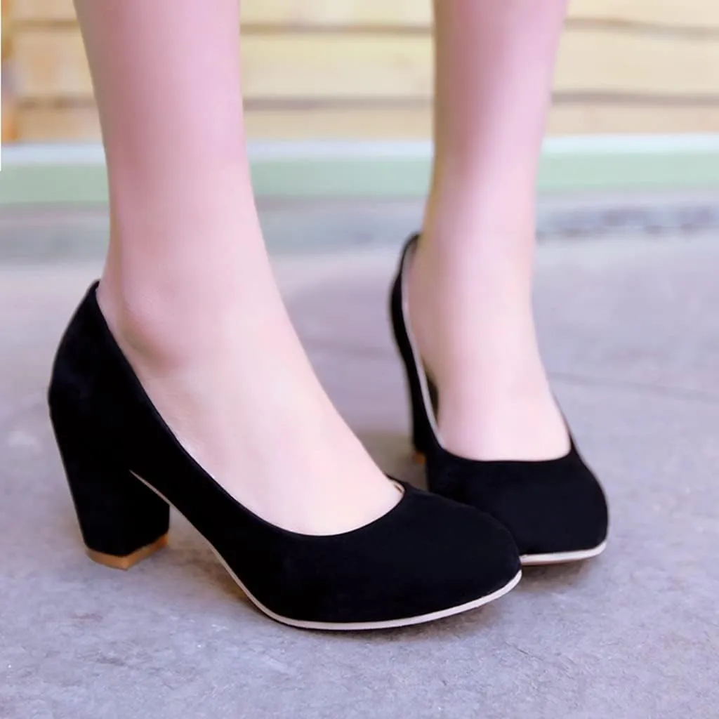 Women's Round Toe Chunky Block Mid Heel Pumps Suede Slip-On Casual Comfort Work Office Dress Shoes