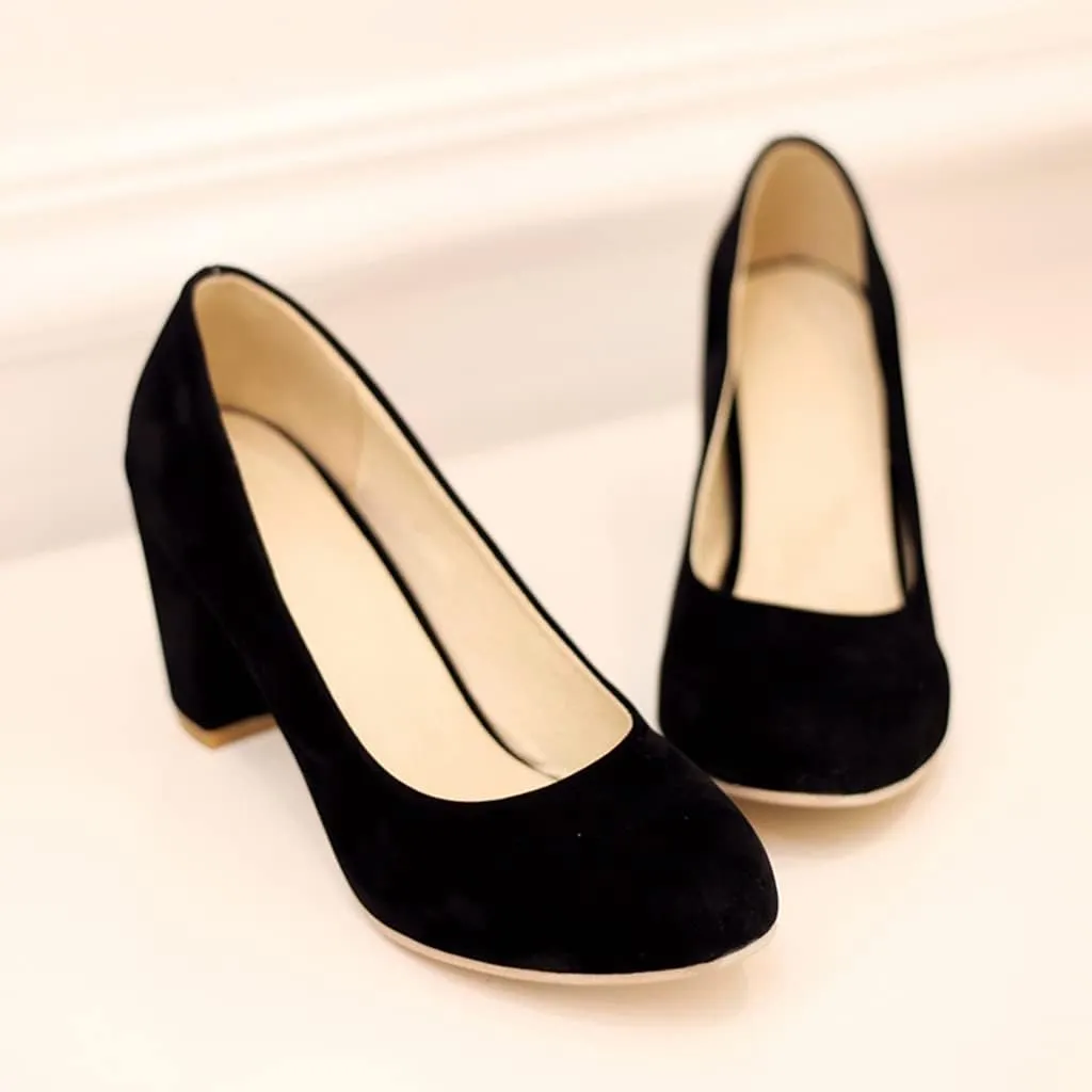 Women's Round Toe Chunky Block Mid Heel Pumps Suede Slip-On Casual Comfort Work Office Dress Shoes
