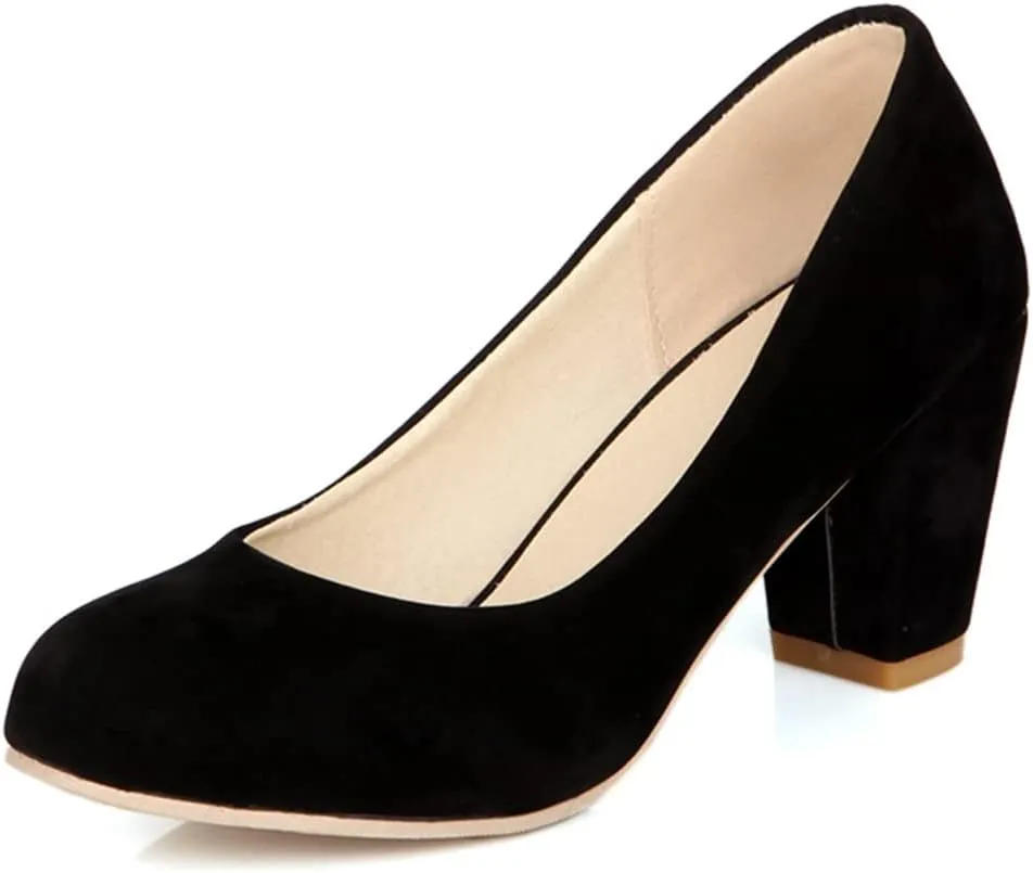 Women's Round Toe Chunky Block Mid Heel Pumps Suede Slip-On Casual Comfort Work Office Dress Shoes
