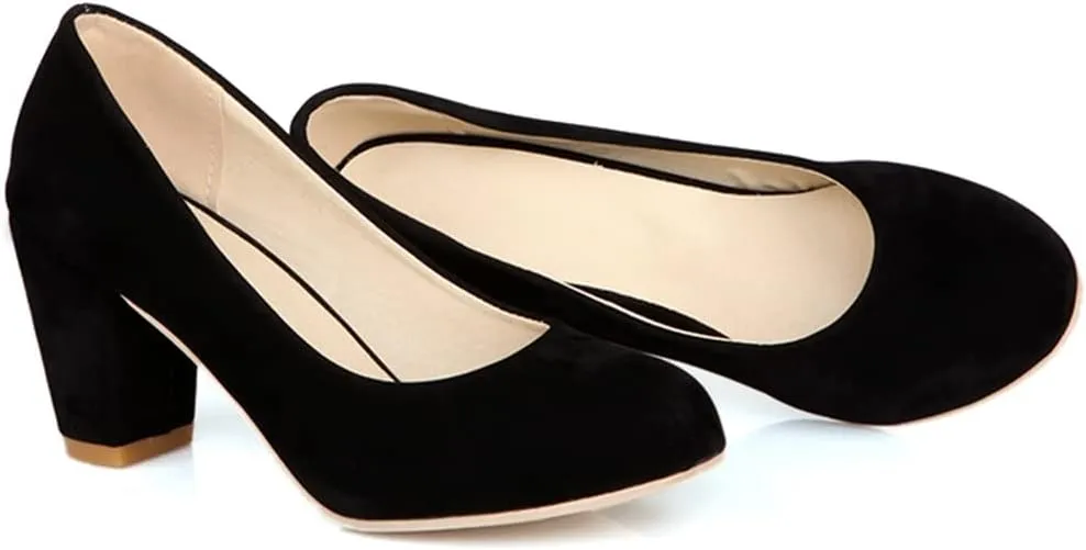 Women's Round Toe Chunky Block Mid Heel Pumps Suede Slip-On Casual Comfort Work Office Dress Shoes