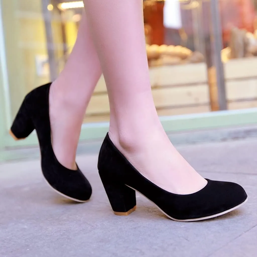 Women's Round Toe Chunky Block Mid Heel Pumps Suede Slip-On Casual Comfort Work Office Dress Shoes
