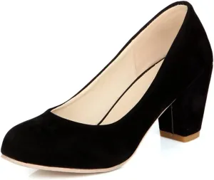Women's Round Toe Chunky Block Mid Heel Pumps Suede Slip-On Casual Comfort Work Office Dress Shoes