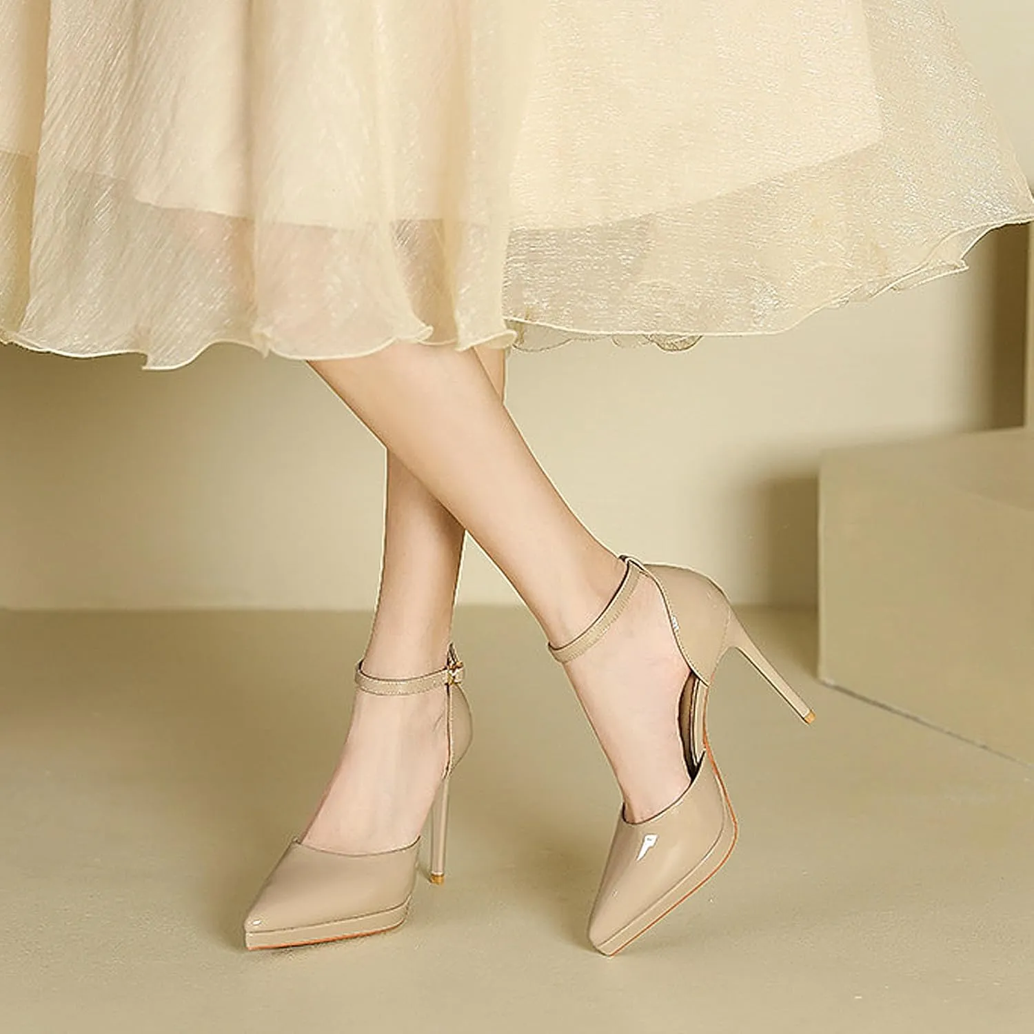 Womens Sandals Platform Ankle Strap Stiletto High Heel Dress Waterproof Pointed Toe Heels Closed Pumps Patent Leather Office Wedding Party Shoes