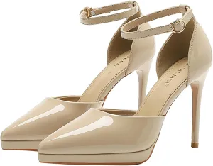 Womens Sandals Platform Ankle Strap Stiletto High Heel Dress Waterproof Pointed Toe Heels Closed Pumps Patent Leather Office Wedding Party Shoes